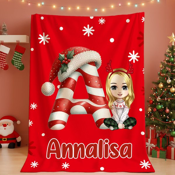 Coperta morbida natalizia personalizzata con personaggio in stile cartone animato iniziale e nome decor per casa regalo di Natale per famiglia e amici