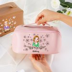 Personalised Cartoon Girl Flying Birth Flower PU Leather Wide Opening Makeup Bag with Name Christmas Birthday Gift for Girls Women