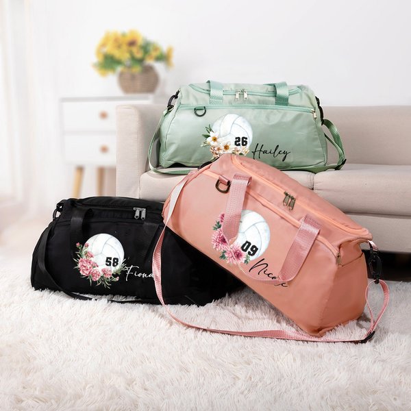 Personalisierte Volleyball Geburt Blume große Sport Duffle Bag mit Schuhfach und Schultergurt Geburtstag Team Geschenk für Frauen Volleyball-Liebhaber