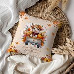 Personalized Autumn Highland Cow Pumpkin Soft Throw Pillow Cover with Name Home Decor Birthday Thanksgiving Day Gift for Family Kids