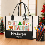 Personalised Best Teacher Cute Christmas Letter Large Cotton and Linen Tote Bag with Name and Text Christmas Gift for Teacher