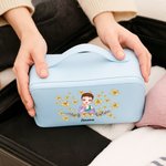 Personalised Cartoon Girl Flying Birth Flower PU Leather Wide Opening Makeup Bag with Name Christmas Birthday Gift for Girls Women