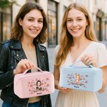 Personalised Cartoon Girl Flying Birth Flower PU Leather Wide Opening Makeup Bag with Name Christmas Birthday Gift for Girls Women