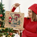 Personalised Cartoon Characters Snowflake Initial Jute Tote Bag with Name Christmas Daily Use Gift for Family Friends
