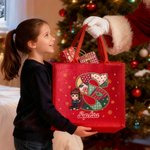 Personalized Santa Hat Initial Cartoon Character Red Large Jute Tote Bag with Name Daily Use Christmas Gift for Family Friends