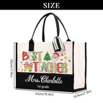 Personalised Best Teacher Cute Christmas Letter Large Cotton and Linen Tote Bag with Name and Text Christmas Gift for Teacher