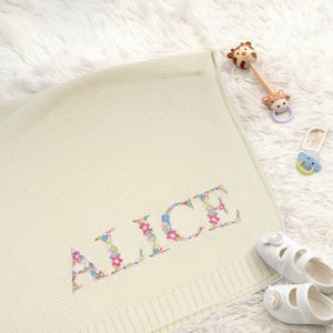 Personalised Colourful Floral Soft Cotton Knit Baby Blanket with Embroidered Name Birthday Baby Shower Gift for Newborns New Parents