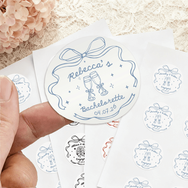 Personalised Romantic Wedding Bow Waterproof Stickers with Name Gift Decor Wedding Bridal Shower Party Favors for Couple