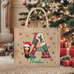 Personalised Cartoon Characters Snowflake Initial Jute Tote Bag with Name Christmas Daily Use Gift for Family Friends