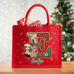 Personalized Santa Hat Initial Cartoon Character Red Large Jute Tote Bag with Name Daily Use Christmas Gift for Family Friends