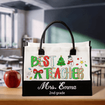 Personalised Best Teacher Cute Christmas Letter Large Cotton and Linen Tote Bag with Name and Text Christmas Gift for Teacher