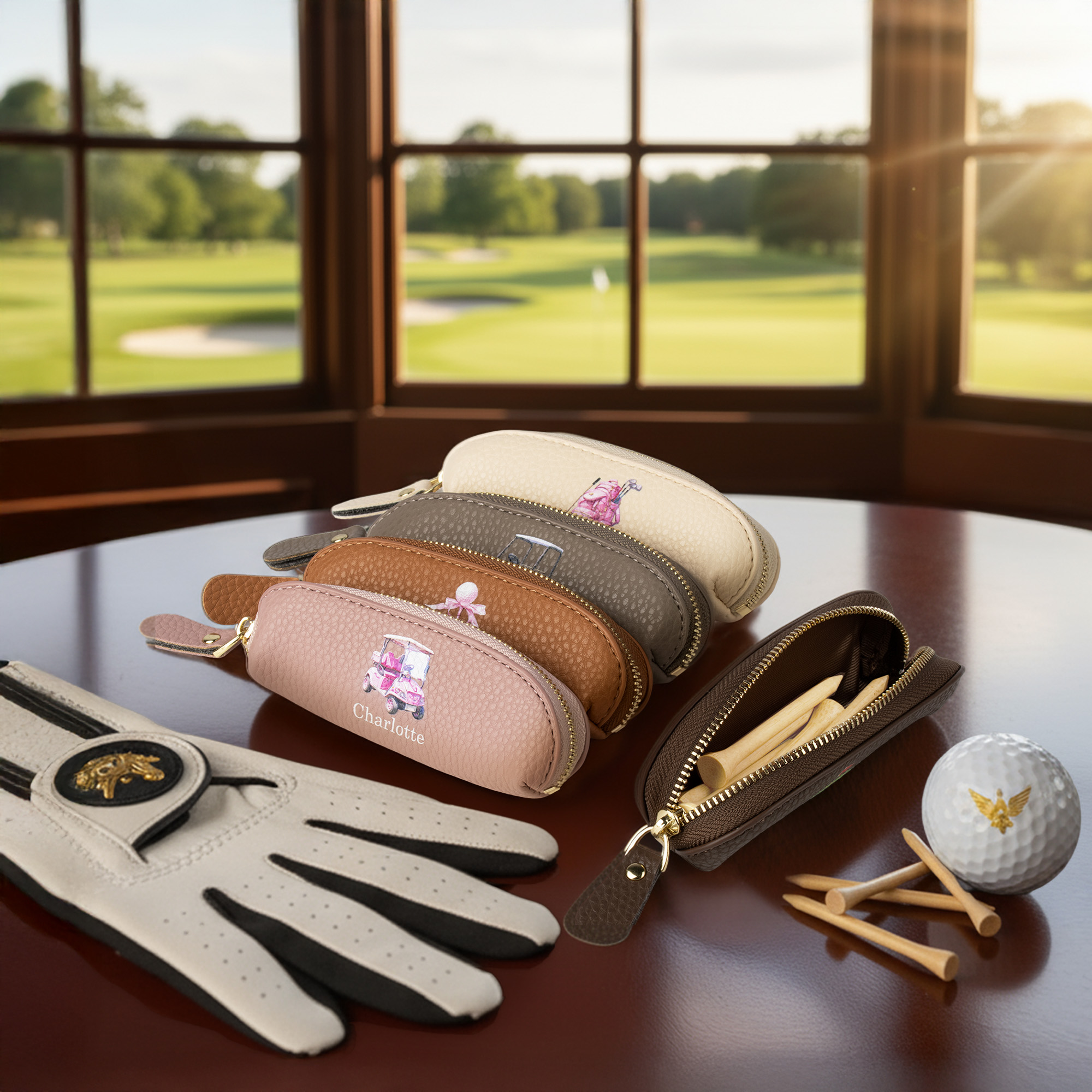 Sac de rangement portable en cuir PU multicolore avec 6 tees de golf et nom Cadeau d'anniversaire sportif pour les joueurs de golf