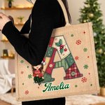 Personalised Cartoon Characters Snowflake Initial Jute Tote Bag with Name Christmas Daily Use Gift for Family Friends