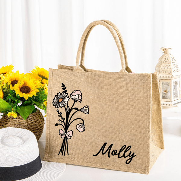 Personalized Watercolor Birth Flower Bouquet Large Jute Tote Bag with Name Bridesmaid Mother's Day Birthday Gift for Women