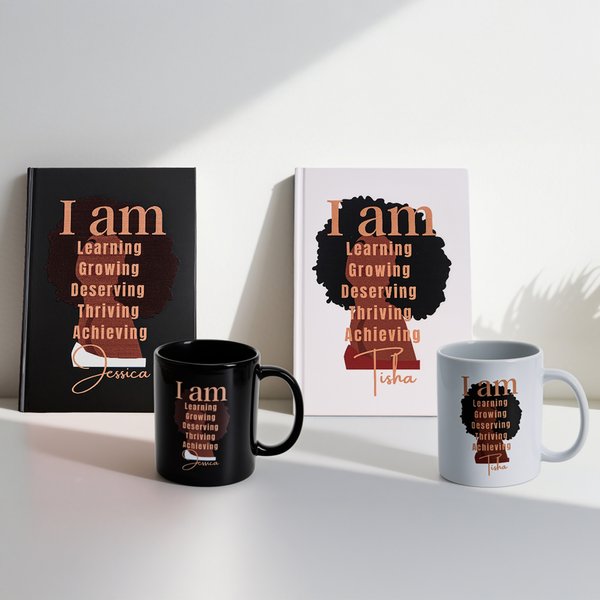 Personalized I Am Unstoppable Black Woman Journal Notebook Ceramic Mug with Name Daily Use Birthday Motivational Gift for Women
