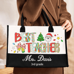 Personalised Best Teacher Cute Christmas Letter Large Cotton and Linen Tote Bag with Name and Text Christmas Gift for Teacher