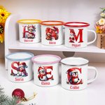 Taza de esmalte personalizada con borde colorido de 355 ml con diseño de personajes de pingüino e inicial regalo de Navidad para niños y niñas