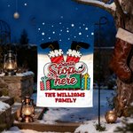 Drapeau de jardin personnalisé Père Noël Stop Here Chimney Santa Claus avec texte Yard Porch Decor Christmas Gift for Family Gardening Lovers