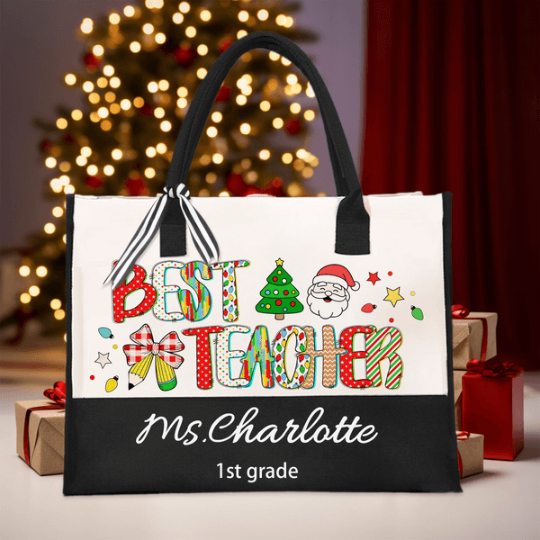 Personalised Best Teacher Cute Christmas Letter Large Cotton and Linen Tote Bag with Name and Text Christmas Gift for Teacher