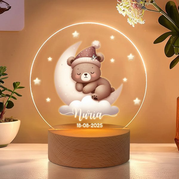 Luz nocturna LED personalizada de animales dormidos con diseño de luna y estrella base de madera fecha y nombre regalo de cumpleaños para niños