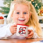 Taza de esmalte personalizada con borde colorido de 355 ml con diseño de personajes de pingüino e inicial regalo de Navidad para niños y niñas