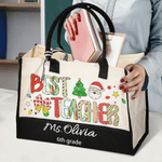 Personalised Best Teacher Cute Christmas Letter Large Cotton and Linen Tote Bag with Name and Text Christmas Gift for Teacher