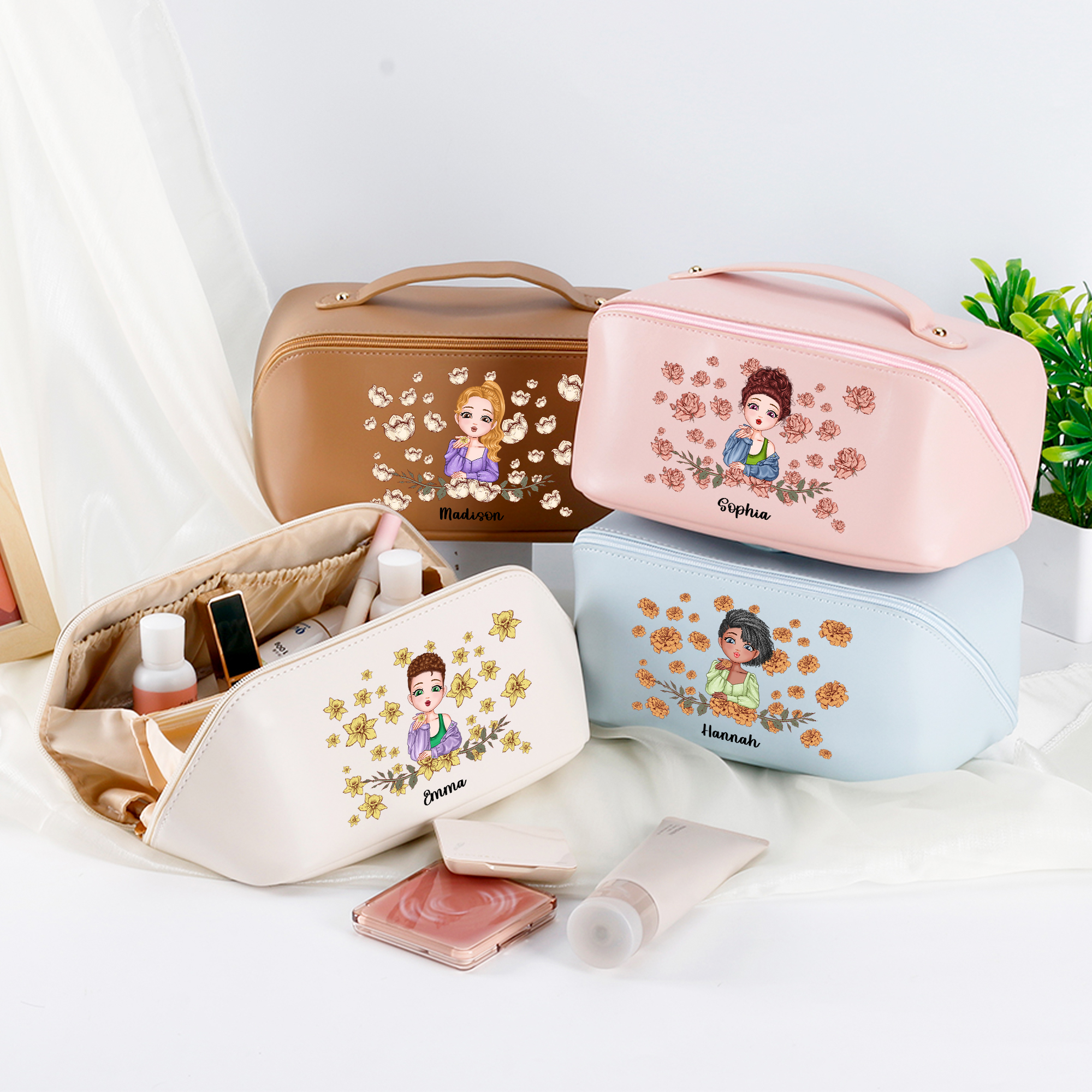 Sac de Maquillage en Cuir PU Personnalisé avec Nom et Personnage Sac Cosmétique de Grande Capacité Cadeau pour les Femmes