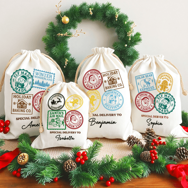Personalisierte Weihnachten Stempel besondere Lieferung Drawstring Canvas-Geschenk-Tasche mit Namen Heiligabend Party Favors für Kinder Freunde Familie