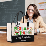 Personalised Best Teacher Cute Christmas Letter Large Cotton and Linen Tote Bag with Name and Text Christmas Gift for Teacher