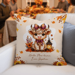 Personalized Autumn Highland Cow Pumpkin Soft Throw Pillow Cover with Name Home Decor Birthday Thanksgiving Day Gift for Family Kids