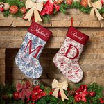 Personalised Toile De Jouy Style Santa Claus Initial Hanging Christmas Stocking with Name Home Decor Christmas Gift for Kid Family