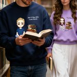 Personalised Cartoon Reading Character Stacked Books Soft T-shirt Sweatshirt Hoodie with Name and Title Book Club Family Gift for Adults Kids