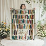 Personalised Artistic Retro Bookshelf Wildflower Soft Throw Blanket with Name Birthday Christmas Gift for Book Lovers Bookworms