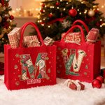 Personalised Stitching Style Initial Large Capacity Red Jute Tote Bag with Name Christmas Party Gift for Kids Women