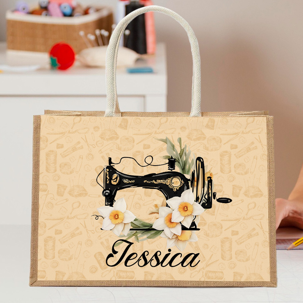 Machine à coudre personnalisée Fleur de naissance Grand sac fourre-tout en jute avec nom Accessoires de voyage Vacances Appréciation Cadeau d'anniversaire pour les femmes Amoureux de la couture