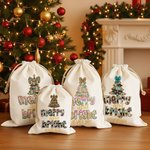 Personalised Merry and Bright Leopard Bow Christmas Tree Canvas Drawstring Gift Bag with Name Christmas Gift for Friends Family