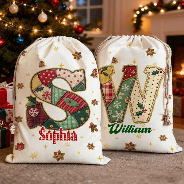 Personalized Christmas Tree Snowflake Initial Drawstring Canvas Gift Bag with Name Christmas Eve Party Favors for Kids Friends Family