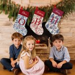 Personalised Toile De Jouy Style Santa Claus Initial Hanging Christmas Stocking with Name Home Decor Christmas Gift for Kid Family