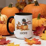 Personalized Cute Pumpkin Puppy 11 oz 15 oz Ceramic Coffee Mug with Name Autumn Thanksgiving Birthday Gift for Dog Lovers Owners