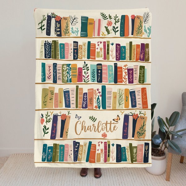 Personalizada Artística Retro Estantería Flores Silvestres Suave manta con nombre Cumpleaños Regalo de Navidad para los amantes de los libros Ratones de biblioteca