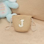 Personalised Boho Adjustable Straw Children's Bag with Chenille Initial Birthday Wedding Christmas Gift for Toddlers Flower Girls Kids