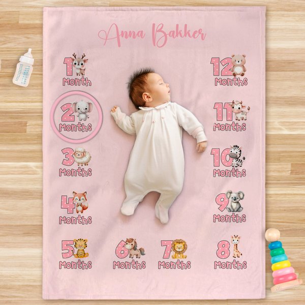 Gepersonaliseerd Schattige Dieren Maandelijks Mijlpaaldeken met Naam Fotoaccessoire Verjaardag Babyshower Cadeau voor Pasgeborenen