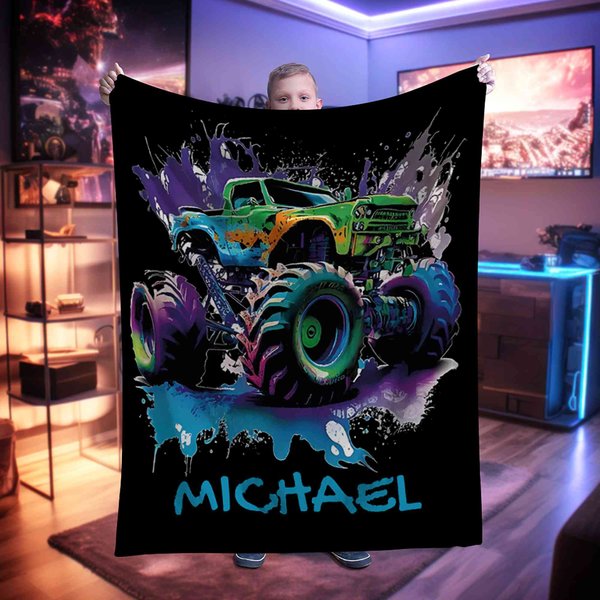 Personalised Big Wheel Off-Road Lorry Soft Throw Blanket with Name Home Decor Birthday Gift for Children