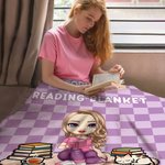 Personalised Multicolour Checkerboard Cute Cartoon Character Soft Throw Blanket with Name Birthday Christmas Reading Gift for Book Lovers Bookworms