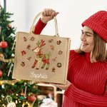 Personalised Patchwork Element Christmas Tree Santa Claus Large Jute Tote Bag with Name Christmas Gift for Family Kids