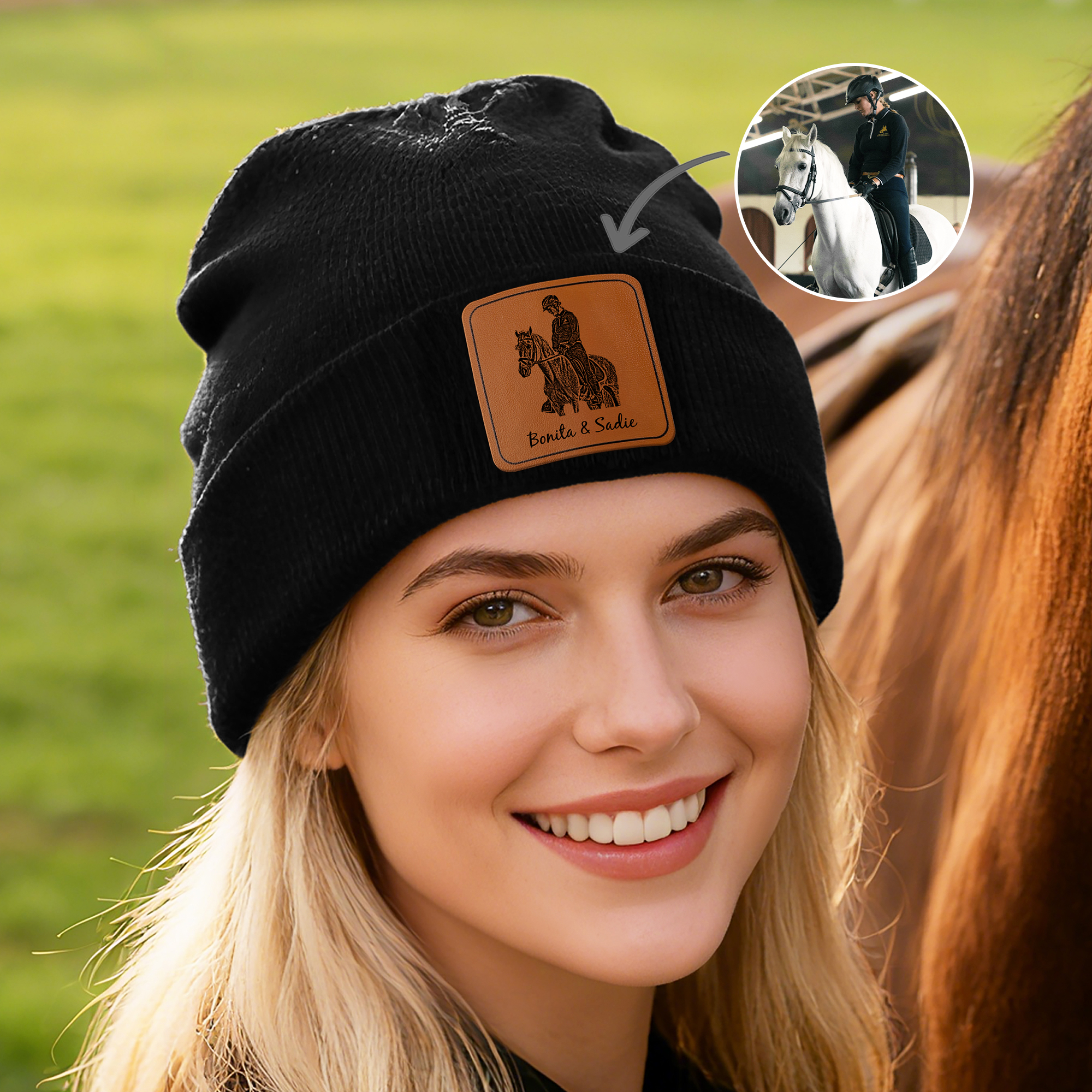 Bonnet tricoté personnalisé avec photo de cheval multicolore et nom Accessoires quotidiens Cadeau d'anniversaire pour les amoureux des chevaux Cavaliers