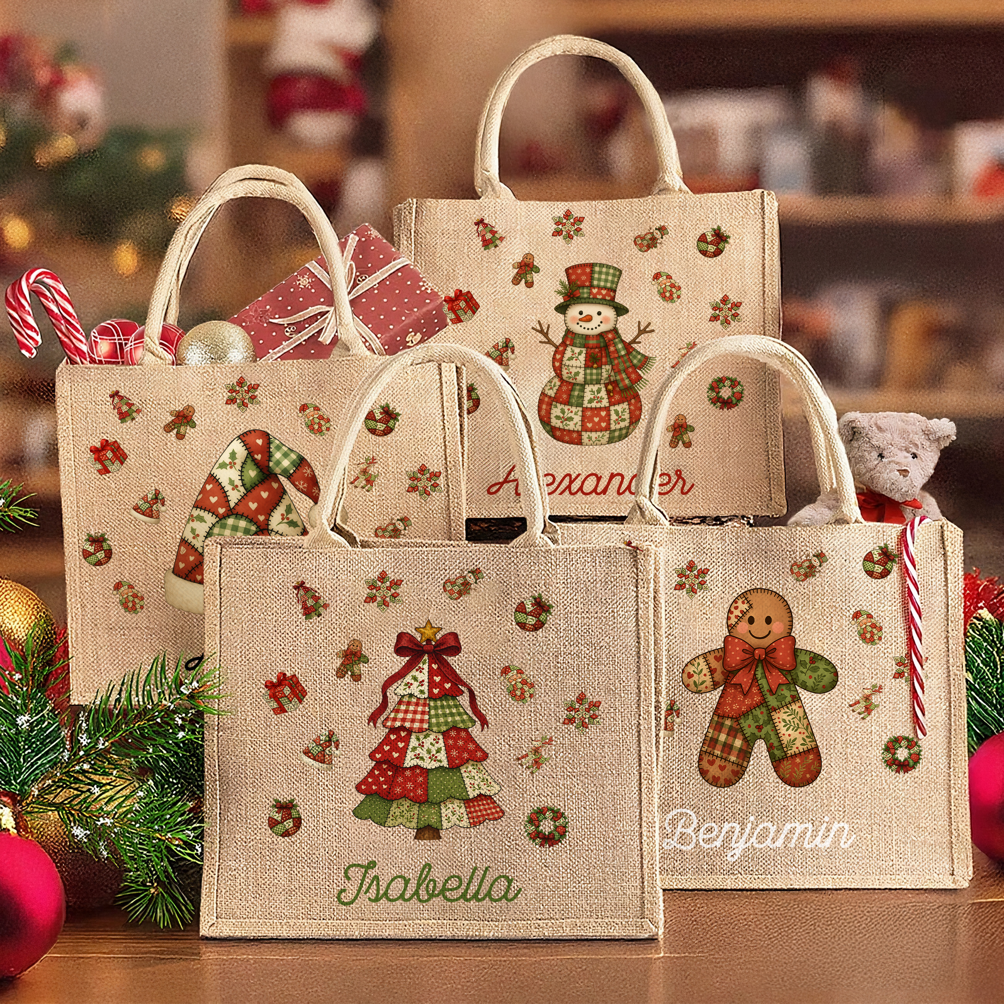 Patchwork Personnalisé Élément Arbre de Noël Père Noël Grand Sac Fourre-tout en toile de jute avec Nom Cadeau de Noël pour Famille Enfants