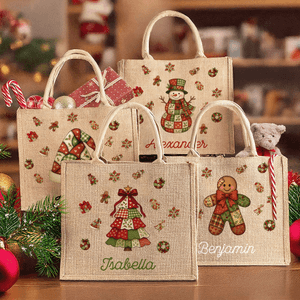 Personalized Patchwork Element Christmas Tree Santa Claus Large Jute Tote Bag with Name Christmas Gift for Family Kids