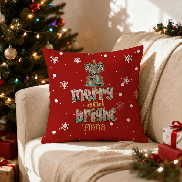 Personalized Merry and Bright Leopard Print Bow Christmas Tree   Soft Throw Pillow Cover with Name Home Decor Christmas Gift for Kids Family