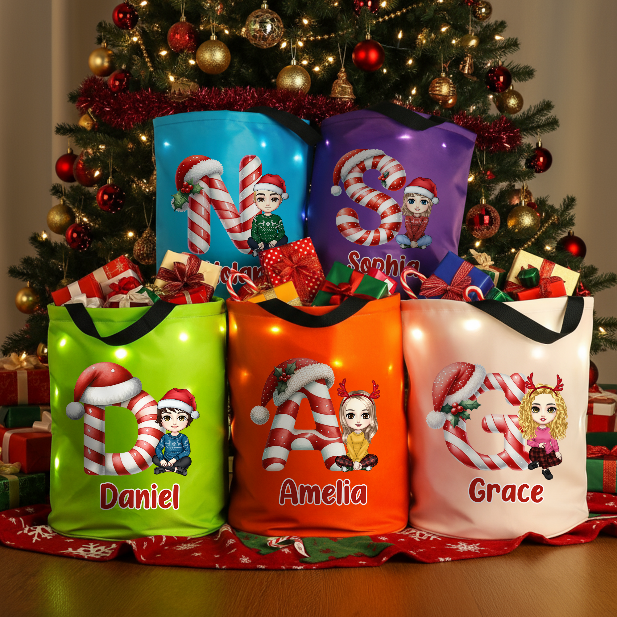 Sac Seau Étanche à LED Personnalisé avec Personnage Chapeau de Père Noël Initiale et Nom Cadeau de Noël pour Enfants Amis et Famille